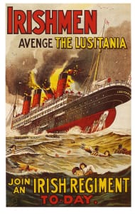 The sinking of the liner in May 1915 was a cause of a huge surge in anti-German sentiment and became a feature of military recruitment campaigns, including this iconic poster. 