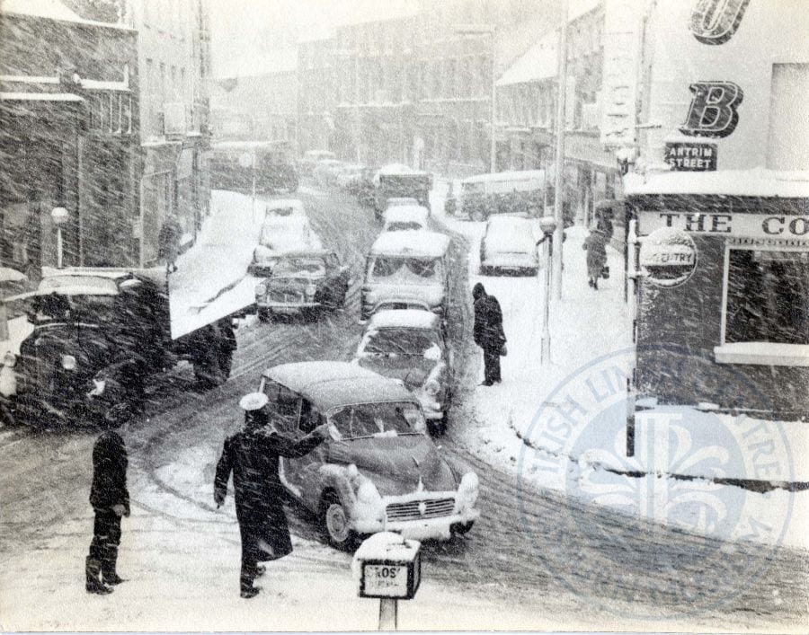 Corner of Antrim Street/Bow Street in the snow, c.1963