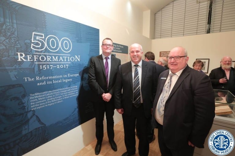 Alderman James Tinsley, alongside Ryan Black, Head of Cultural & Community Services, and Paul Allison, Irish Linen Centre & Lisburn Museum at the recent launch of the exhibition at museum.