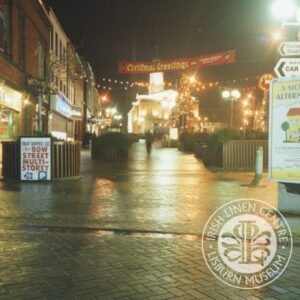 Lisburn Market squre decorated for christmas with Museum and Christmas tree in distance