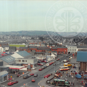 View taken from tower of Christ church Parish. Image looks towards bow street and Smithfield Square. Cira 1991 Photograph taken by Dennis Agnew. ILCLM Collections